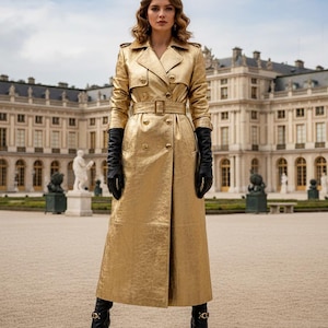 Women's Gold Metallic Leather Trench Coat Double Breasted Princess Luxury Statement Outerwear