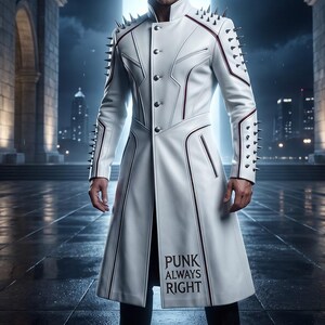 White Leather Punk Coat for Men, Gothic Spiked Biker Jacket, Long Studded Rock Coat