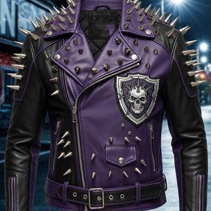May include: A purple and black motorcycle jacket featuring silver metal spikes on the shoulders and lapels. The jacket includes a silver-toned skull emblem on a shield patch, a front zipper closure, multiple zippered pockets, and a buckled waist belt.