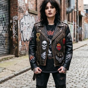 Women's Brown and Black Leather Jacket with Patches And Studded - Gothic Skull & Cobra Moto