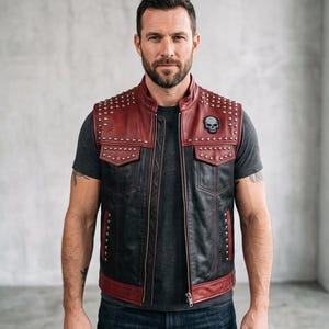 Men’s Black & Maroon Red Studded Leather Biker Vest - Skull Patch Punk Rock Heavy Metal Waistcoat