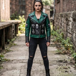 Women Gothic Punk Spike Studded Leather Jacket |Black and Green Biker Outerwear with Occult Patches