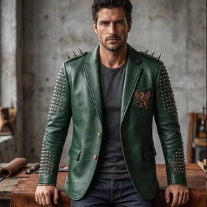 Men's Green Spiked Leather Blazer - Mythical Griffin Punk Rock Jacket - Heavy Studded Emerald Forest Biker Coat with Back Patch