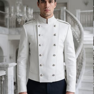 Men's White Leather Double-Breasted Officer Jacket, Silver Button Formal Biker Coat