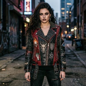 Chaqueta de cuero roja y negra con pinchos para mujer / Parches góticos de calaveras de dragones y llamas estilo punk