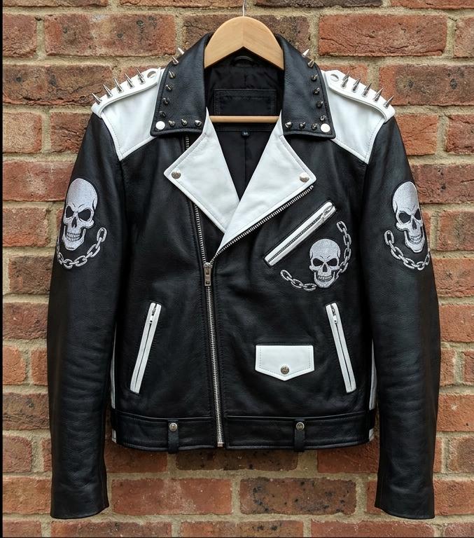 Men's Black White Two-tone Leather Biker Jacket | Punk Rock Skull