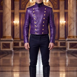 Men’s Purple Leather Military Jacket, Double Breasted Officer Gold Button Biker Style Coat Outerwear