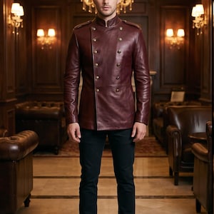 Men’s Burgundy Leather Military Jacket, Double Breasted Officer Gold Button Biker Style Coat Outerwear