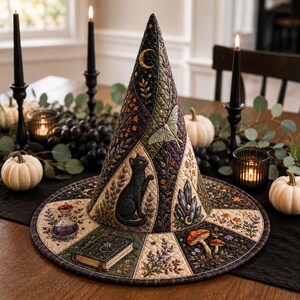 May include: A quilted witch hat featuring a dark color palette with embroidered motifs including a black cat, a moth, crystals, mushrooms, a spellbook, a potion bottle, and floral patterns. The hat has a conical shape and a wide, flat brim.