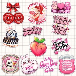 May include: A collection of eleven fitness-themed vinyl stickers featuring pink and red color palettes. Designs include a barbell cherry bow, a person lifting weights, a skull with a bow, a peach, a rabbit, and text like Peace Love Lift and Muscle Mommy.