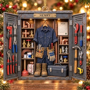 May include: A rustic metal locker ornament featuring the name HENRY, containing a miniature blue jumpsuit, work boots, a tool belt, a toolbox, various plumbing fittings, and assorted hand tools like wrenches, a hammer, and a plunger.
