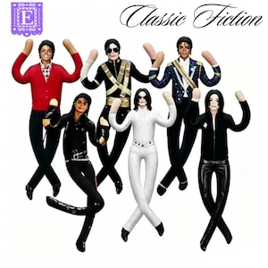 May include: Six flexible figurines depicting a performer in various iconic outfits, including a red cardigan, black military-style jacket, blue sequined blazer, white suit, and black leather attire. The text Classic Fiction appears at the top.