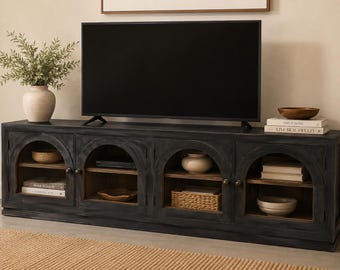 Solid Mahogany Wood Modern Arched Black With Driftwood Interior TV Stand Media Center