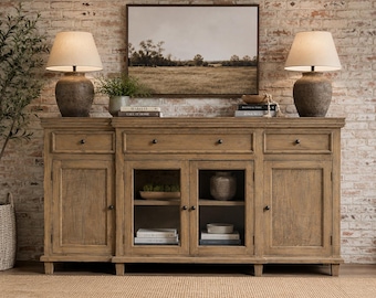 New Solid Mahogany Dual Glass And Solid Door Buffet Sideboard TV Stand Console Cabinet