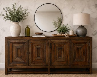 Modern Geometric Solid Mahogany Wood Buffet TV Stand Sideboard