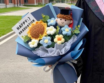 Abschlussfeier Häkelblumenstrauß Handgemachtes Abschlussgeschenk Häkeln Sonnenblumenstrauß Amigurumi Puppenstrauß Senior Geschenk