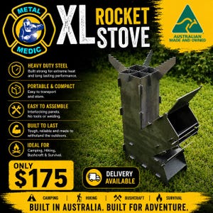 May include: A grey steel XL Rocket Stove with interlocking panels and a tall vertical chimney design. The product features text including Metal Medic, XL Rocket Stove, Australian Made and Owned, and lists features like heavy duty steel and portability.