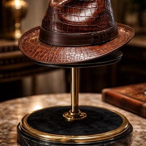 Könnte beinhalten: Ein brauner Fedora-Hut mit texturiertem Krokodilleder-Muster und einem glatten, dunkelbraunen Lederband mit seitlicher Schnalle. Der Hut wird auf einem goldfarbenen Metallständer mit kreisförmigem Sockel und schwarzer Samtoberfläche präsentiert.