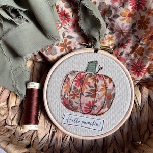 Handmade Free Motion Embroidery Pumpkin Hoop | Repurposed Fabric, Autumn Decor