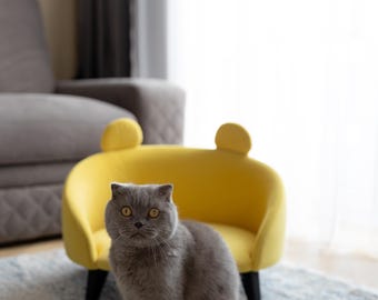 Canapé en velours jaune pour animal de compagnie, lit avec cadre en bois pour chats ou petits chiens, cadeau pour propriétaire d'animal de compagnie