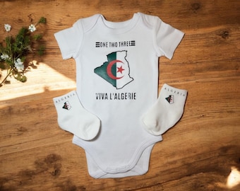 Baby Algeria Set: Algerian Bodysuit and Socks “Viva l’Algérie” Algerian Newborn Gift, Algerian Flag Baby Outfit, Baby Shower