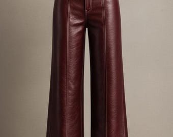 Pantalones rojos de cuero genuino para mujer, de talle alto y pierna recta, estilo urbano chic.
