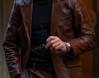 Chaqueta tipo blazer de cuero genuino marrón para hombre / Chaqueta deportiva desgastada, corte entallado.