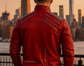 Michael Jackson Red Leather Jacket, Thriller Beat It Inspired Motorcycle Costume