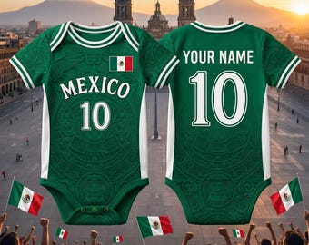Mexico Baby Soccer Bodysuit Custom Name Number, Personalized Football Baby Gift, Mexico Green Infant Onesie
