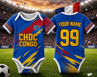 Body per neonati con stampa personalizzata di maglia da calcio della Repubblica Democratica del Congo, tutina per neonati con nome e numero personalizzati, regalo per neonati appassionati di calcio del Congo, completo per neonati
