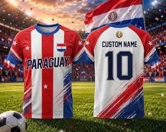 Maglia da calcio del Paraguay personalizzabile con nome e numero, maglietta da calcio del Paraguay personalizzata, regalo per tifosi del Paraguay, maglietta per sostenitori del calcio