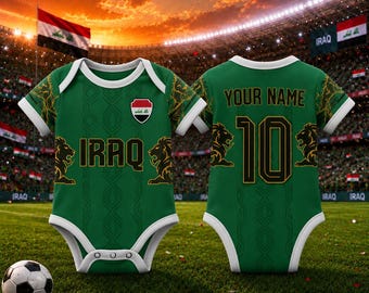 Body da neonato a tema calcio iracheno personalizzato con nome e numero, body per neonato tifoso di calcio iracheno, regalo personalizzato per neonato, body con la scritta "Orgoglio iracheno".