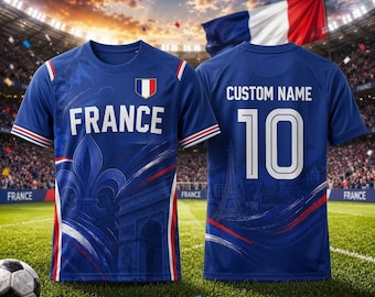 Maglia da calcio della Francia personalizzabile con nome e numero, maglietta personalizzata per tifosi della Francia, regalo per uomo e donna con maglia della nazionale francese.