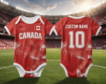 Body da neonato con logo del Canada, personalizzabile con nome e numero, body da calcio personalizzato del Canada, regalo per neonati e bambine appassionati di calcio.