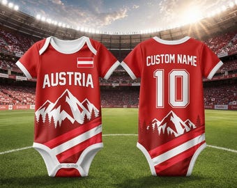 Body da neonato con scritta Austria personalizzata con nome e numero, body da calcio personalizzato Austria, regalo per neonati e bambine appassionati di calcio.