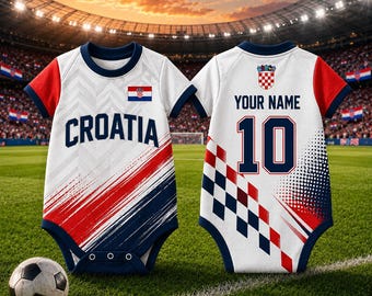 Body da calcio per neonati della Croazia personalizzabile, body da calcio con nome e numero personalizzati, regalo per neonati tifosi della Croazia, abbigliamento sportivo per neonati