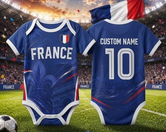 Body da neonato con nome e numero personalizzati della Francia, body da calcio personalizzato della Francia, regalo per neonati e bambine appassionati di calcio