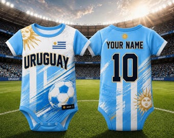 Uruguay Soccer Baby Bodysuit Personalized Name Number, Uruguay Football Fan Baby Gift, Custom World Cup Infant Onesie