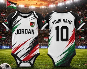Body per neonati Jordan personalizzato con maglia da calcio, tutina per neonati con nome e numero personalizzati, regalo per neonati per tifosi di calcio Jordan, completo per neonati
