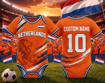 Personalized Netherlands Baby Soccer Bodysuit, Custom Name Number Dutch Football Jersey Onesie, Holland Baby Gift