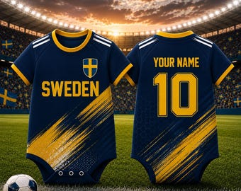 Body da calcio personalizzato per neonati con tema Svezia, maglietta da calcio per neonati con nome e numero personalizzati, regalo per neonati tifosi della Svezia, body per neonati