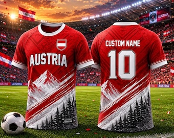 Maglia da calcio dell'Austria personalizzata con nome e numero, maglietta da calcio personalizzata dell'Austria, regalo per tifosi austriaci, maglietta per sostenitori del calcio