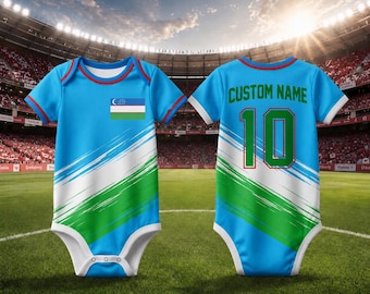Body per neonati Uzbekistan personalizzato con maglia da calcio, tutina per neonati con nome e numero personalizzati, regalo per neonati appassionati di calcio uzbeko.