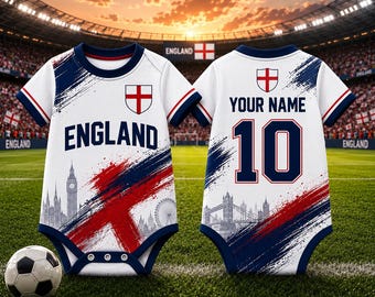 Body da calcio per neonati dell'Inghilterra personalizzato, tutina da calcio con nome e numero personalizzati, regalo per neonati tifosi dell'Inghilterra, abbigliamento sportivo per neonati
