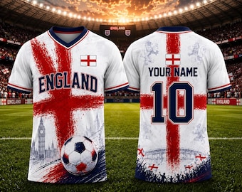 Maglia da calcio personalizzata dell'Inghilterra, maglietta da calcio con nome e numero personalizzati, regalo per i tifosi dell'Inghilterra, maglietta da calcio con croce di San Giorgio
