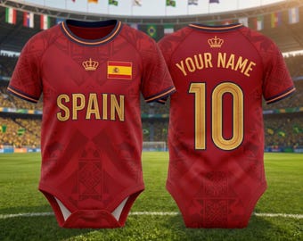 Spain Baby Soccer Bodysuit Custom Name Number, Personalized Football Baby Gift, Red Gold Spain Infant Onesie