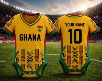 Body per neonati Ghana personalizzato con maglia da calcio, tutina per neonati con nome e numero personalizzati, regalo per neonati tifosi di calcio del Ghana.