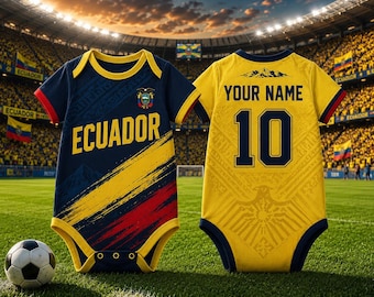 Body da neonato a tema calcio Ecuador, personalizzabile con nome e numero, tutina da neonato per tifosi dell'Ecuador, regalo personalizzato per neonati.