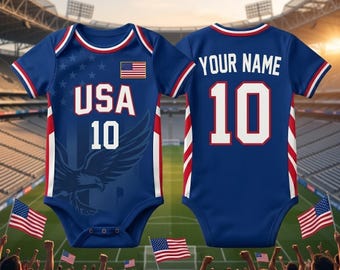 Body da neonato USA Soccer personalizzabile con nome e numero, regalo personalizzato per neonato di football americano, body per neonato USA
