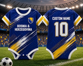 Body da calcio per neonati della Bosnia ed Erzegovina, personalizzabile con nome e numero, regalo per neonati.